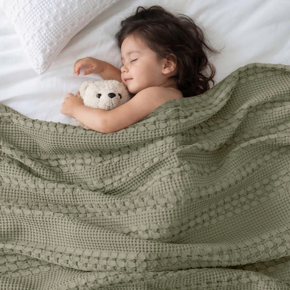 PHF Waffle Blanket Queen Dusty Sage 100% Cotton Textured Lightweight Soft New